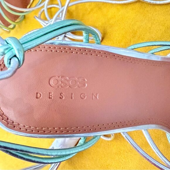 ASOS Nina Silver Mint Strappy Tie Leg Square Toe Sandal Heels Sz 8 - Picture 12 of 13